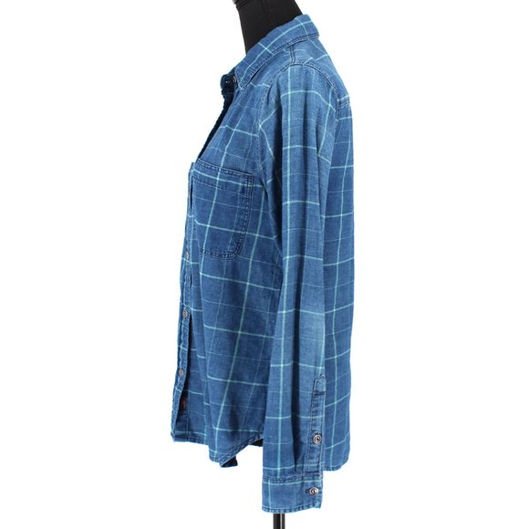 Faherty Windowpane Cotton Shirt Indigo Blue Green Plaid Button-Up Small - Picture 5 of 7